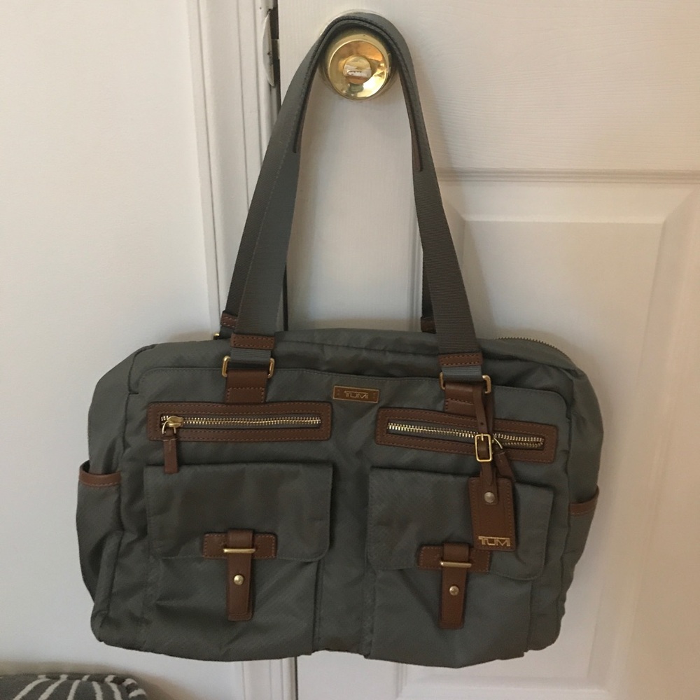 Tumi Gray Nylon Tote with Brown Leather Trim